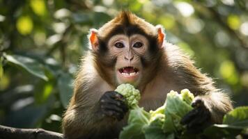 A monkey enjoying a leafy snack in a lush environment. photo