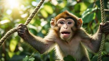 A playful monkey hanging on a rope in a lush green environment. photo