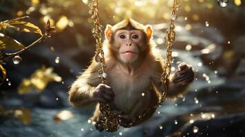 A young monkey swings on a chain in a sunlit forest, surrounded by shimmering droplets. photo