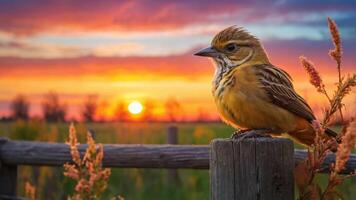 A vibrant sunset scene featuring a yellow bird perched on a wooden fence. photo