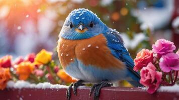 A vibrant bluebird perched on a snowy fence, surrounded by colorful flowers. photo