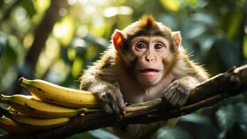 A curious monkey sits on a branch next to a bunch of bananas in a lush environment. photo