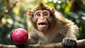 A playful monkey holds a pink ball, surrounded by lush greenery. photo