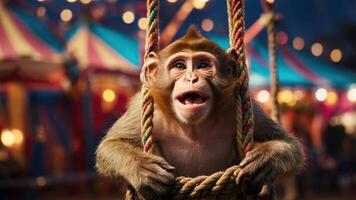 A joyful monkey swings on a rope in a vibrant carnival setting, evoking a sense of fun. photo