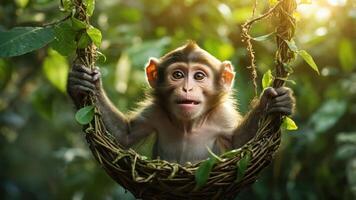 A young monkey sitting in a nest-like swing, surrounded by lush greenery in a vibrant forest. photo