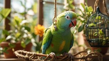 A vibrant green parrot perched on a rope swing surrounded by plants in a cozy setting. photo