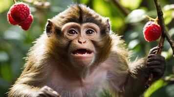 A close-up of a monkey surrounded by greenery and raspberries, showcasing wildlife. photo