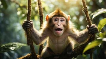 A playful monkey hanging on branches in a lush forest setting. photo