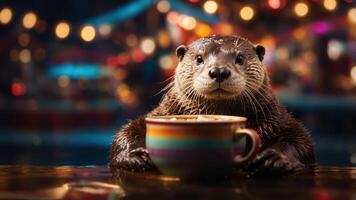 A playful otter enjoying a colorful cup, set against a vibrant, blurred background. photo