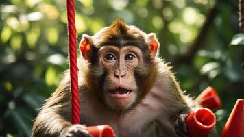 A close-up of a surprised monkey hanging on a red rope amid lush greenery. photo