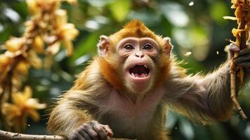 A close-up of a monkey displaying an expressive face in a lush, green environment. photo