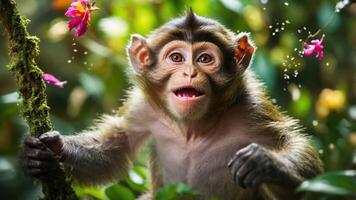 A playful monkey in a lush, vibrant environment, surrounded by flowers and greenery. photo