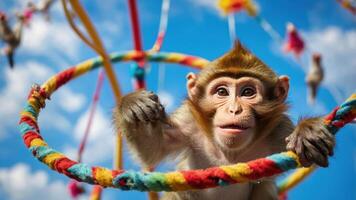 A monkey playfully interacting with a colorful hoop against a bright blue sky. photo