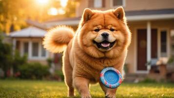 A cheerful dog holds a frisbee in a sunny backyard, embodying joy and playfulness. photo