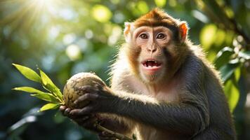 A monkey holding a large fruit in a lush, green environment, showcasing wildlife interaction. photo