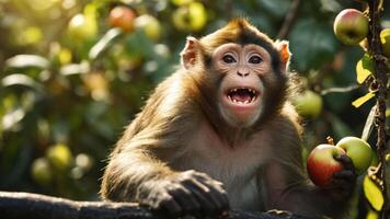 A playful monkey sitting on a branch, holding apples in a lush environment. photo