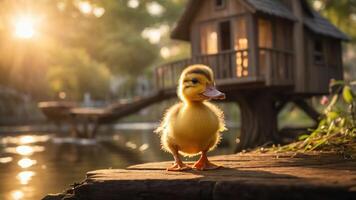 A cute duckling stands on a log near a tranquil pond and a whimsical wooden house. photo