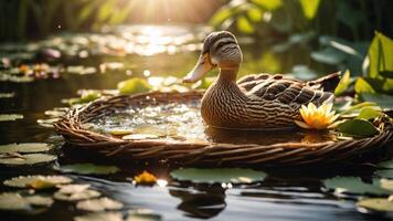 A serene duck floats on a lily pad in a tranquil pond, surrounded by lush greenery. photo