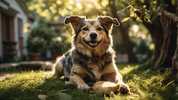 A happy dog lying on grass in a sunlit garden, exuding joy and tranquility. photo