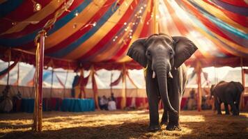 An elephant stands in a colorful circus tent, surrounded by straw and soft lighting. photo