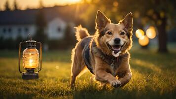 A happy dog running in a field near a lantern during sunset. photo