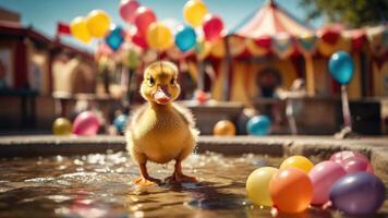 A playful duckling stands in water surrounded by colorful balloons at a festive setting. photo