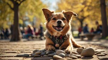 A happy dog lounging on stones in a park with autumn trees in the background. photo