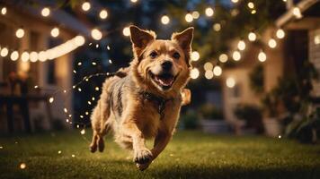 A joyful dog running in a backyard illuminated by string lights at dusk. photo