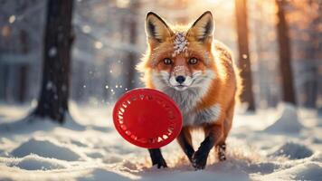 A fox joyfully runs through the snow with a red frisbee in its mouth during sunset. photo