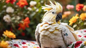 A vibrant cockatoo perched among colorful flowers, showcasing its feathers in a serene setting. photo
