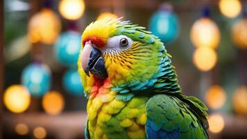 A vibrant parrot with colorful feathers against a backdrop of glowing lights. photo