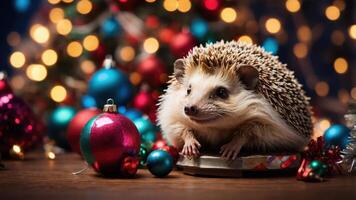 A hedgehog surrounded by colorful Christmas ornaments on a festive table. photo