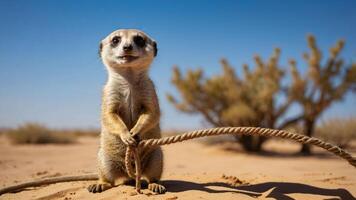 A meerkat stands in the desert holding a rope, showcasing its curious nature. photo