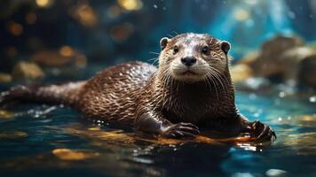 A playful otter swimming in a shimmering aquatic environment. photo