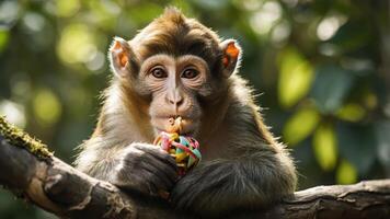 A young monkey sitting on a branch, playfully holding a colorful toy. photo