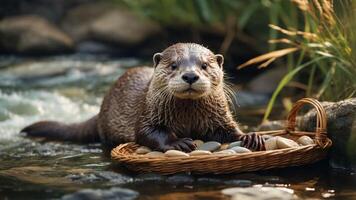 An otter playfully rests in a basket of stones by a stream. photo