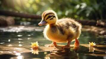 A cute duckling stands by a pond surrounded by water lilies in a serene natural setting. photo