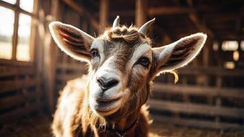 A close-up of a goat in a rustic barn setting, showcasing its friendly expression. photo