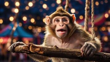 A close-up of a playful monkey perched on a branch at a lively carnival setting. photo