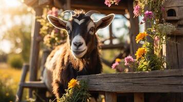 A goat stands near a wooden structure adorned with colorful flowers in a sunny field. photo
