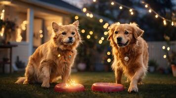 Two golden dogs pose in a festive backyard with glowing lights and sparkling frisbees. photo