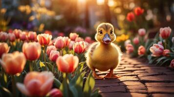 A cute duckling walks among vibrant tulips in a sunlit garden. photo