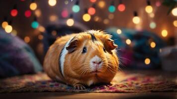 A guinea pig resting on a colorful mat with festive lights in the background. photo