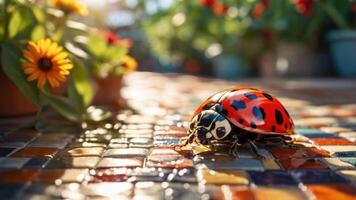 A close-up of a ladybug on a colorful tiled surface in a garden setting. photo