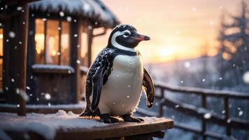 A penguin stands in the snow at sunset, creating a serene winter scene. photo