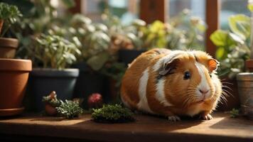 A guinea pig resting on a wooden surface surrounded by potted plants in a sunlit setting. photo