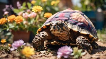 A turtle with a plaid shell rests among colorful flowers in a garden setting. photo