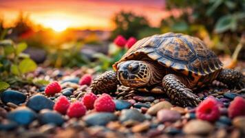 A turtle resting on pebbles surrounded by raspberries at sunset. photo