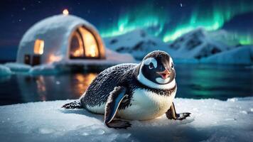 A penguin chick on ice with an igloo and aurora borealis in the background. photo