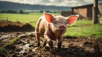 A playful piglet trots through a muddy field under a sunny sky. photo